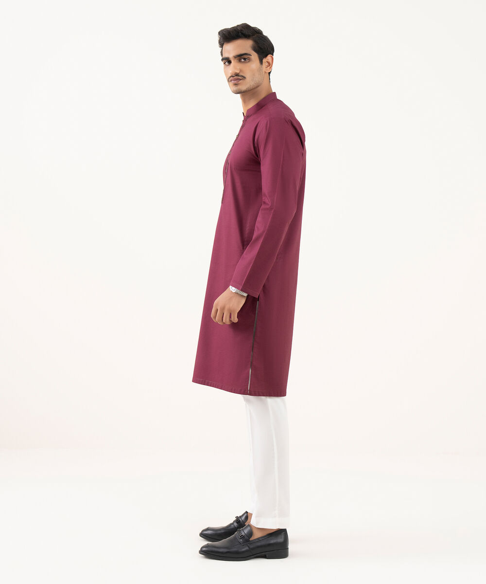 Men's 100% Cotton Embroidered Maroon Kurta