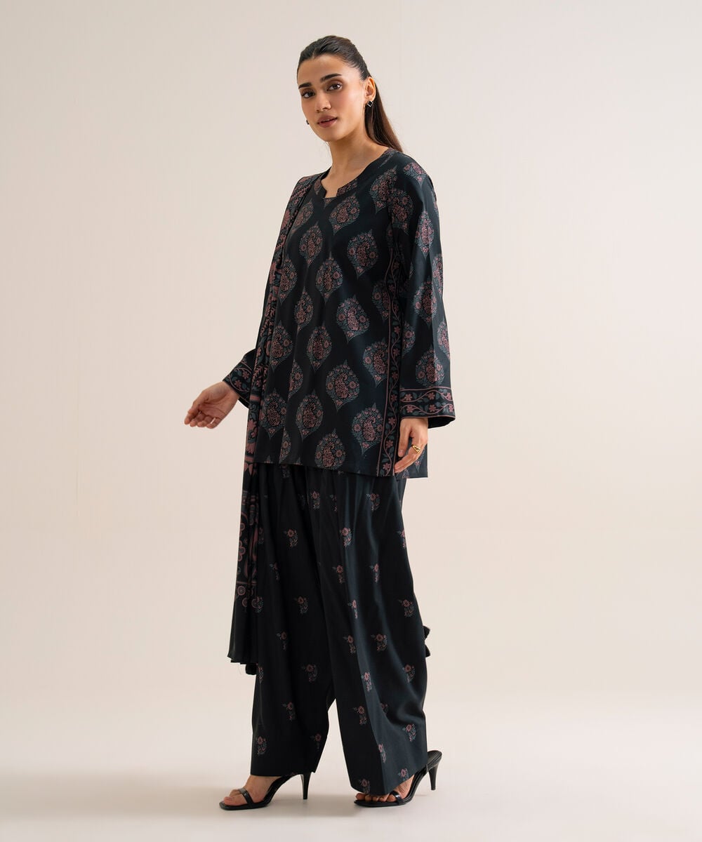 Women's Unstitched Viscose Linen Printed Black 3 Piece Suit