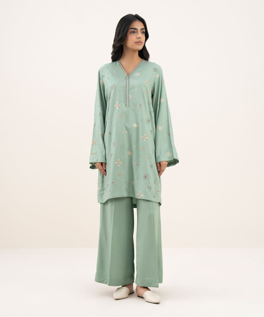 Women's RTW Khaddar Embroidered Straight Blue Shirt