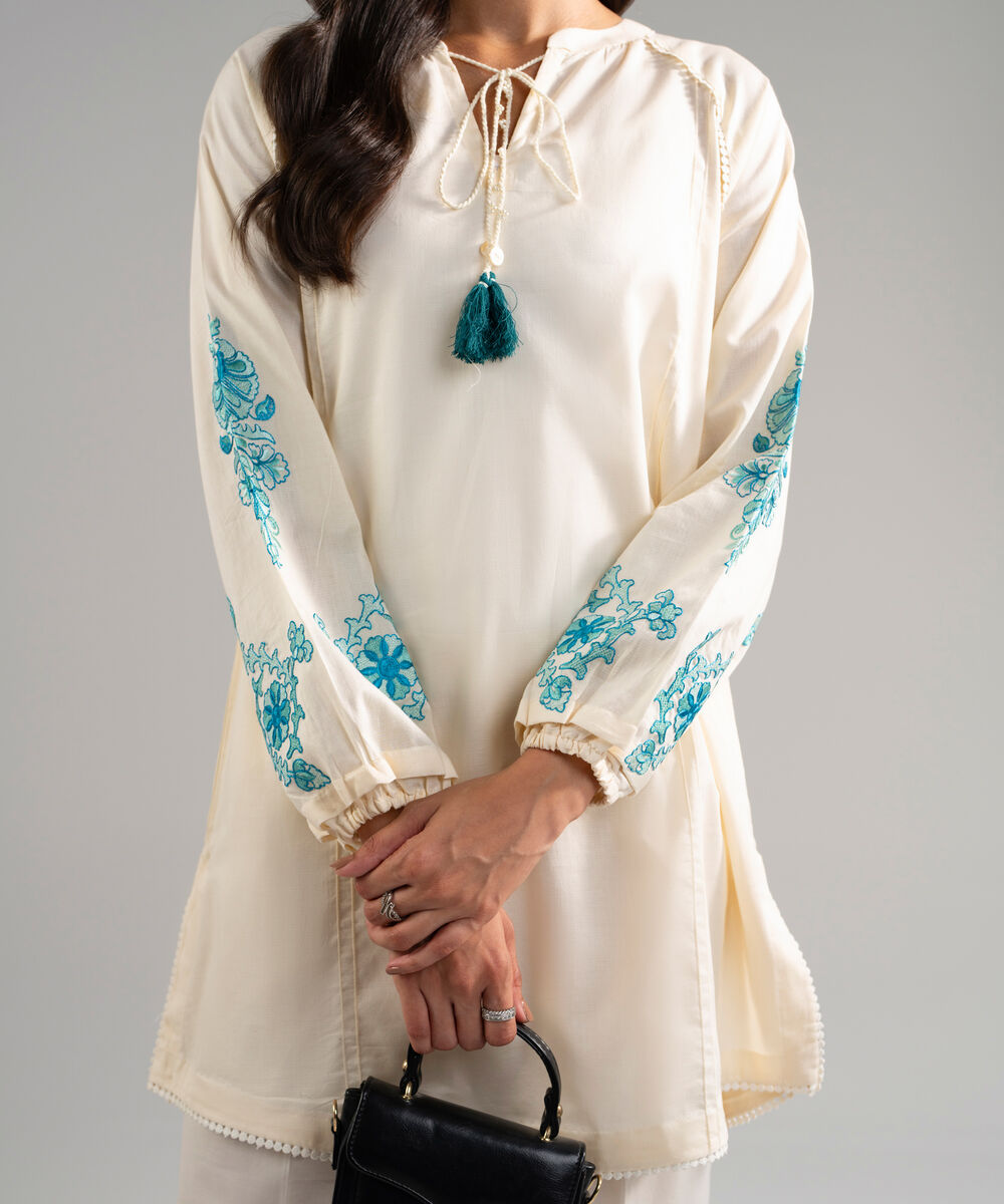 Women's RTW Dobby Embroidered Off White Straight Shirt