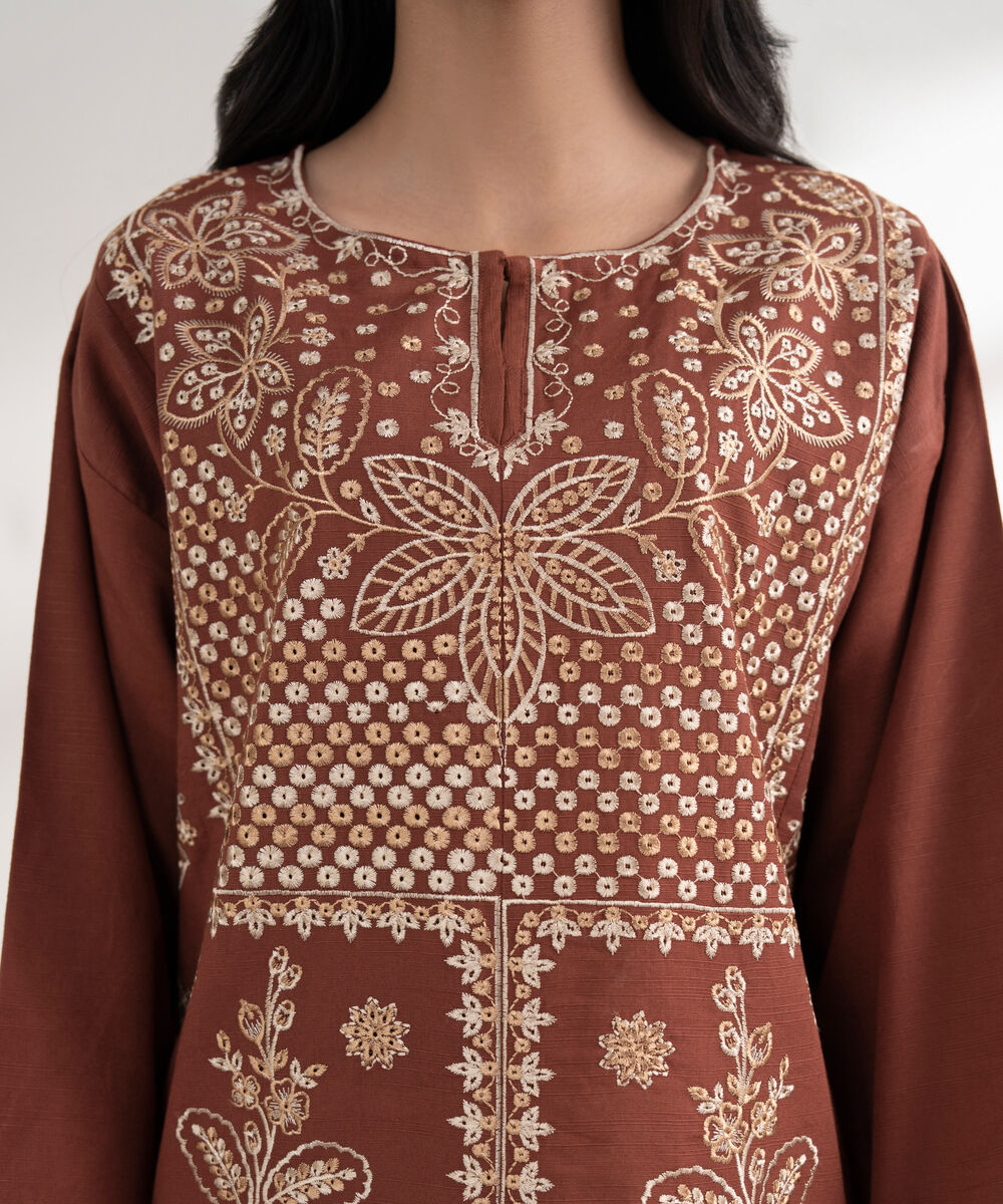 Women's RTW Light Khaddar Embroidered Rust A-Line Shirt