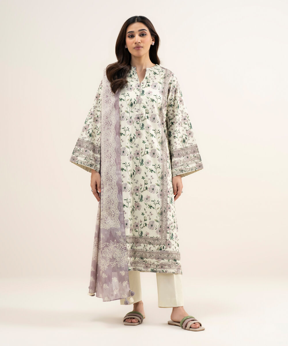 Women's Unstitched Lawn Printed Off White & Tea Pink 3 Piece Suit