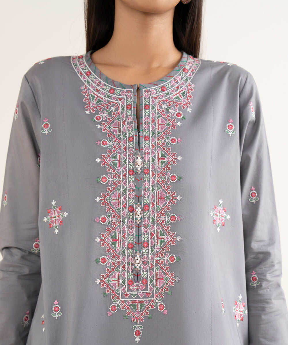 Women's Unstitched Embroidered Cotton Grey 3 Piece Suit
