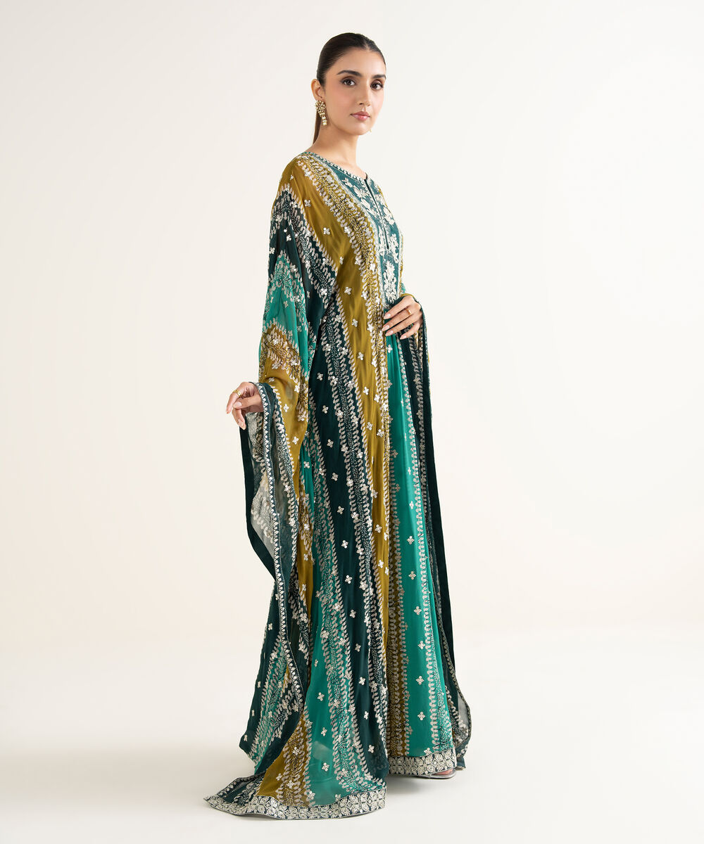 Women's RTW Bemberg Georgette Chiffon Embroidered Green 2 Piece Suit