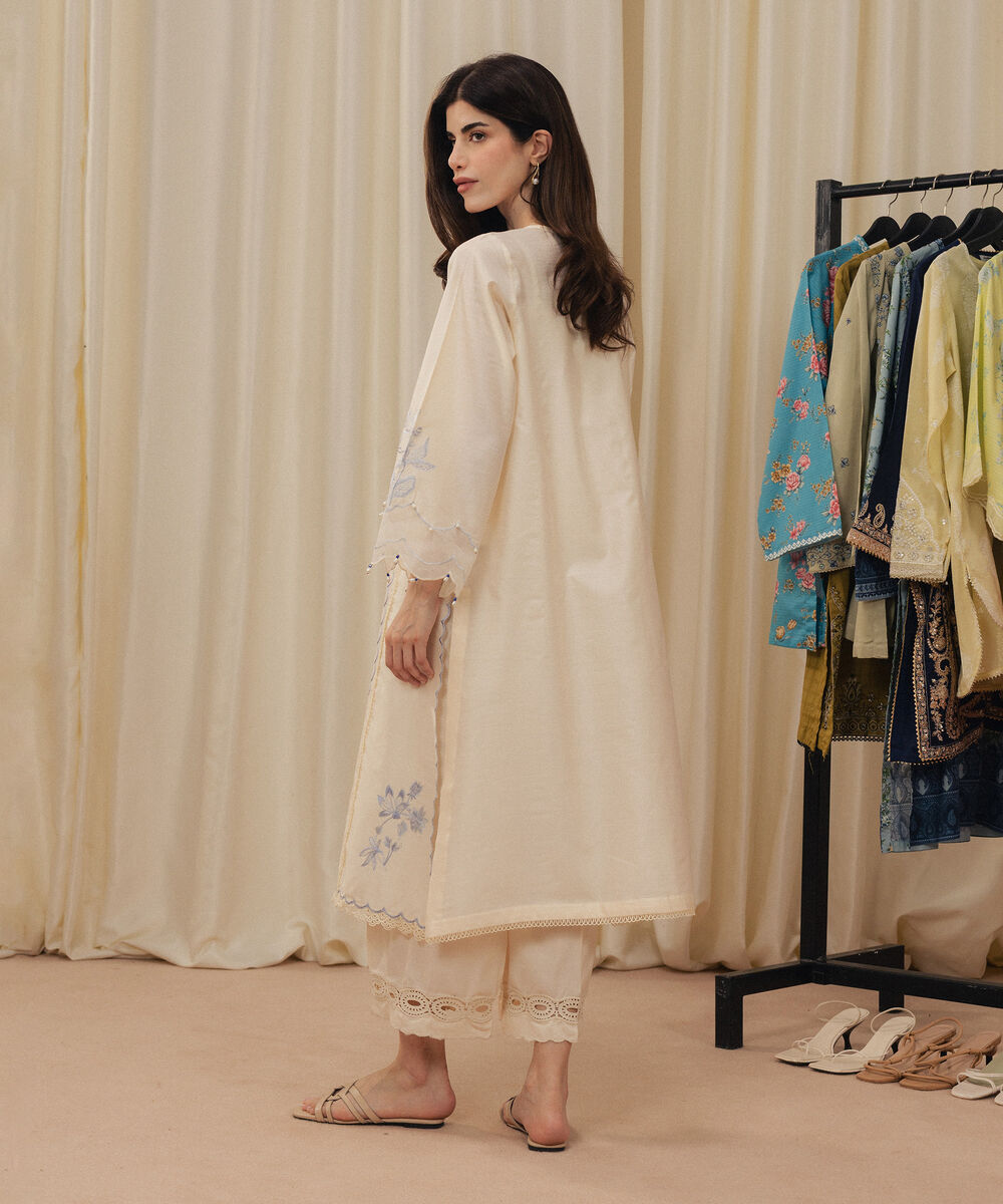 Women's RTW Silk Cotton Net Embroidered Off White 2 Piece Suit