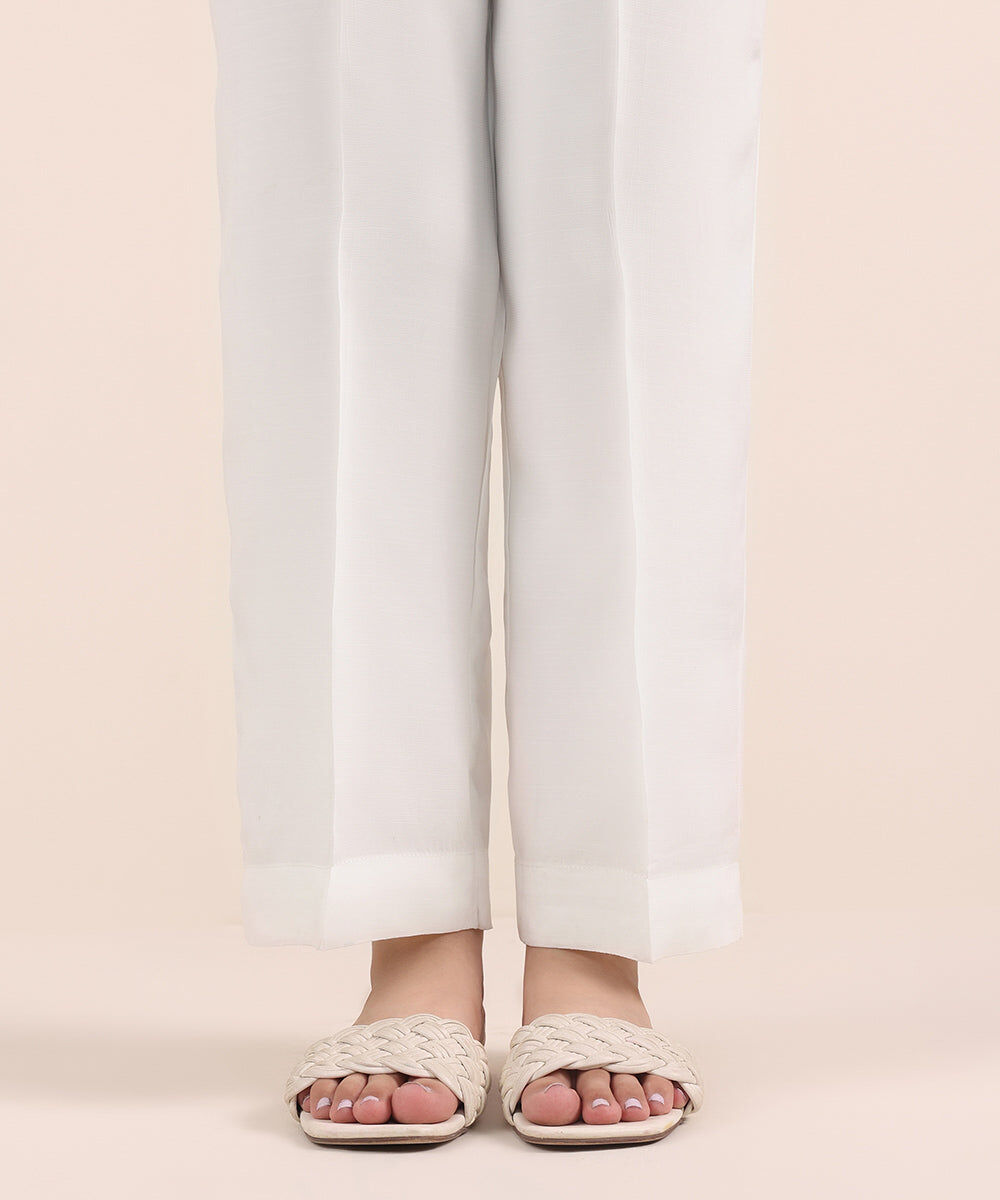 Woman - White Raw Silk Straight Pants