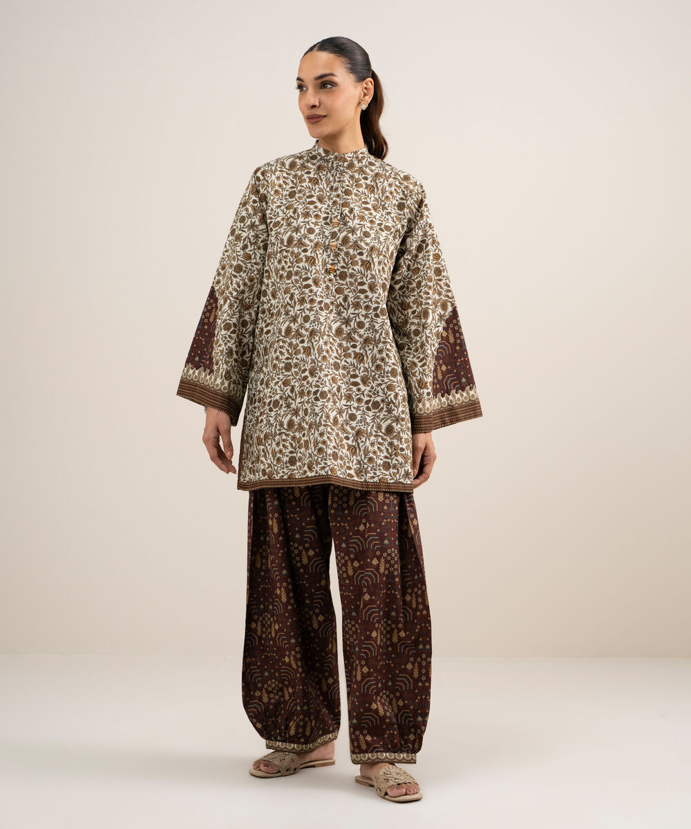 Women's Unstitched Cotton Printed Off White & Multi  2 Piece Suit