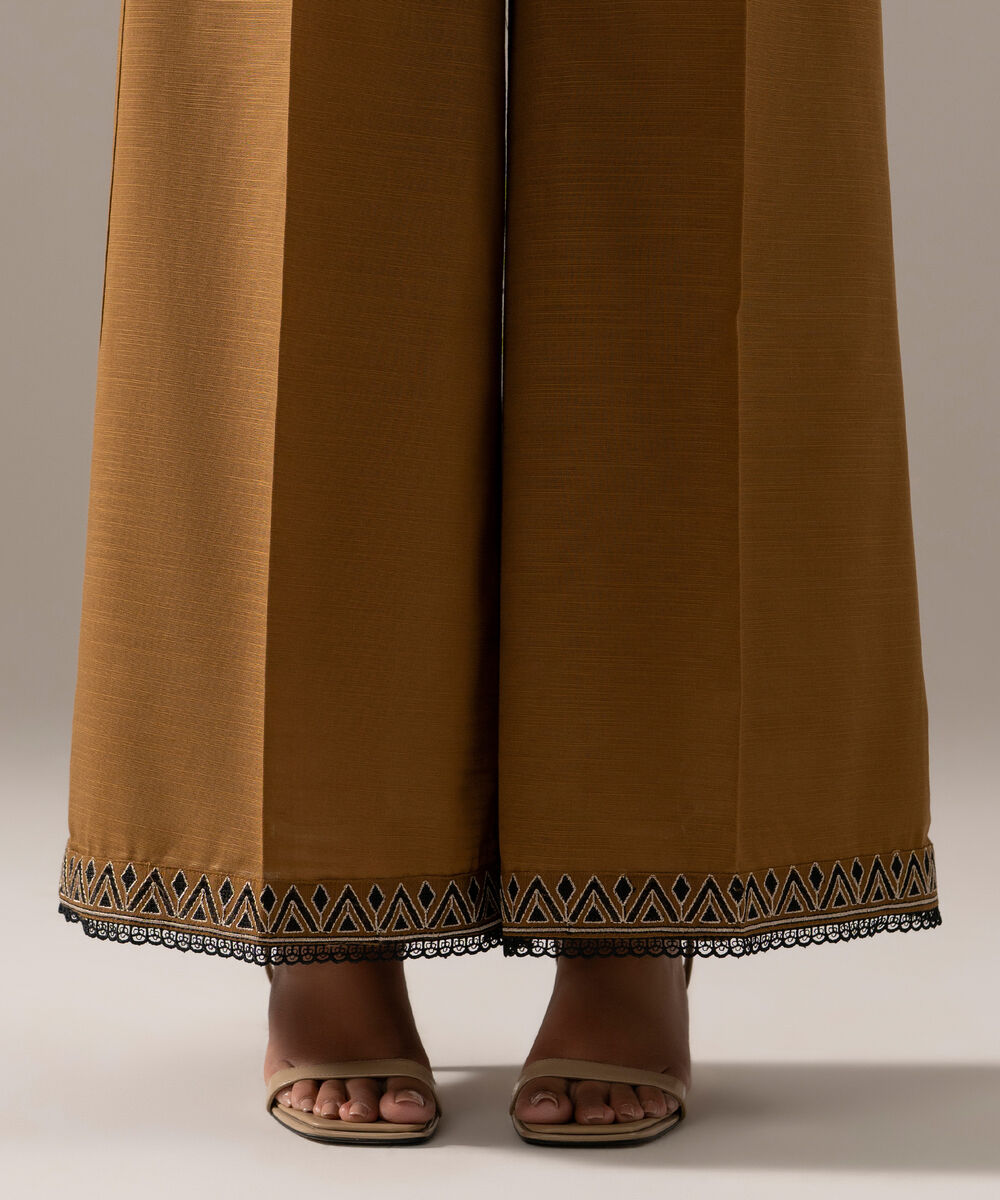 Women's RTW Khaddar Solid Mustard Brown Flared Pants