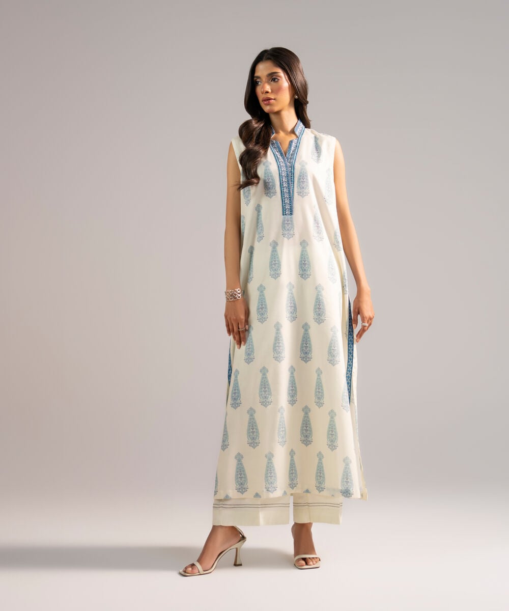 Women's RTW Cotton Viscose Embroidered Off White A-Line Shirt
