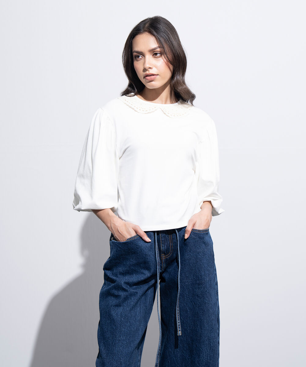 Women's Western White Embroidered Collar Top