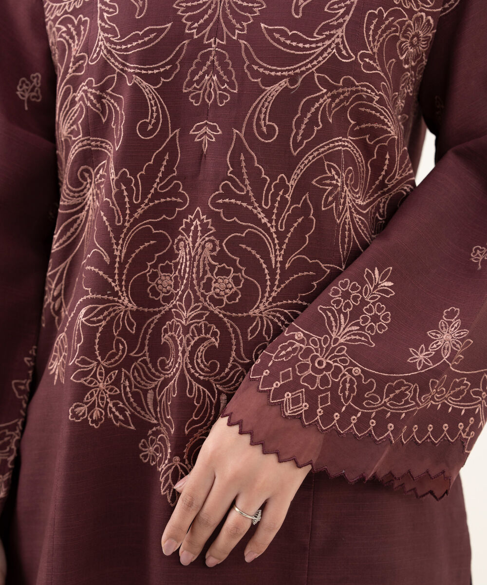 Women's Unstitched Embroidered Khaddar Maroon 3 Piece Suit