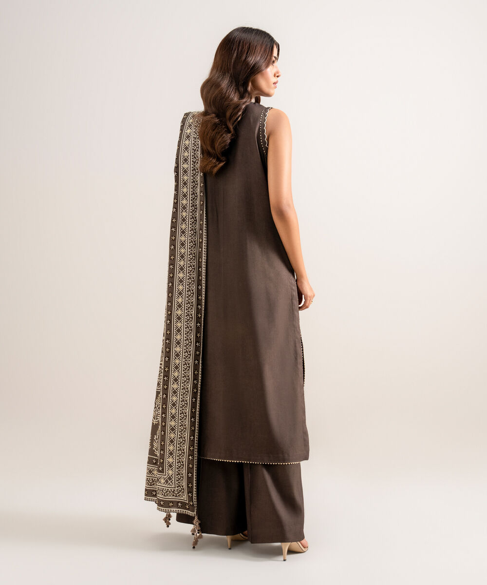 Women's Unstitched Embroidered Linen Brown 3 Piece Suit