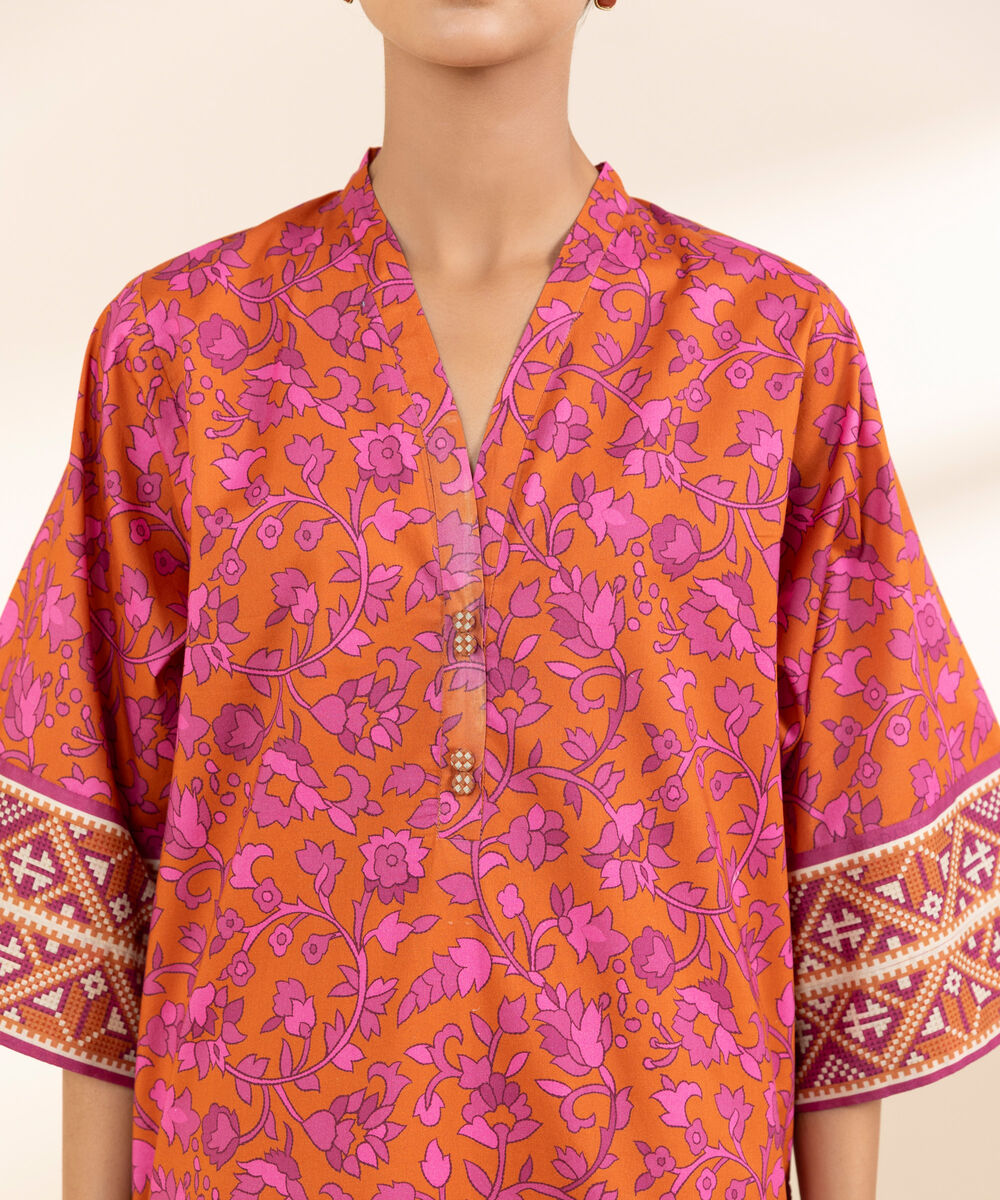 Women's Unstitched Lawn Printed Orange 3 Piece Suit