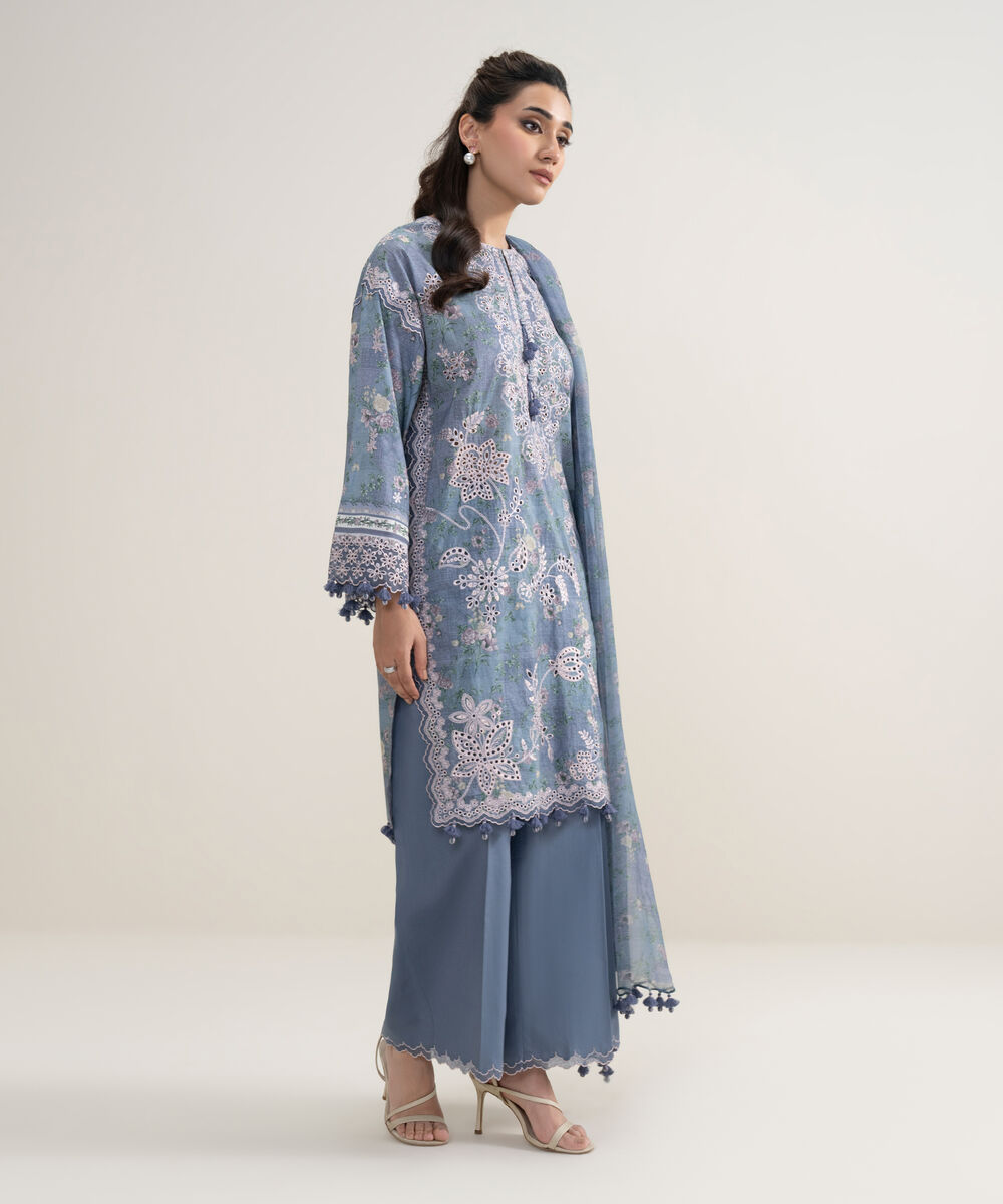 Women's Unstitched Fine Lawn Embroidered Blue  3 Piece Suit