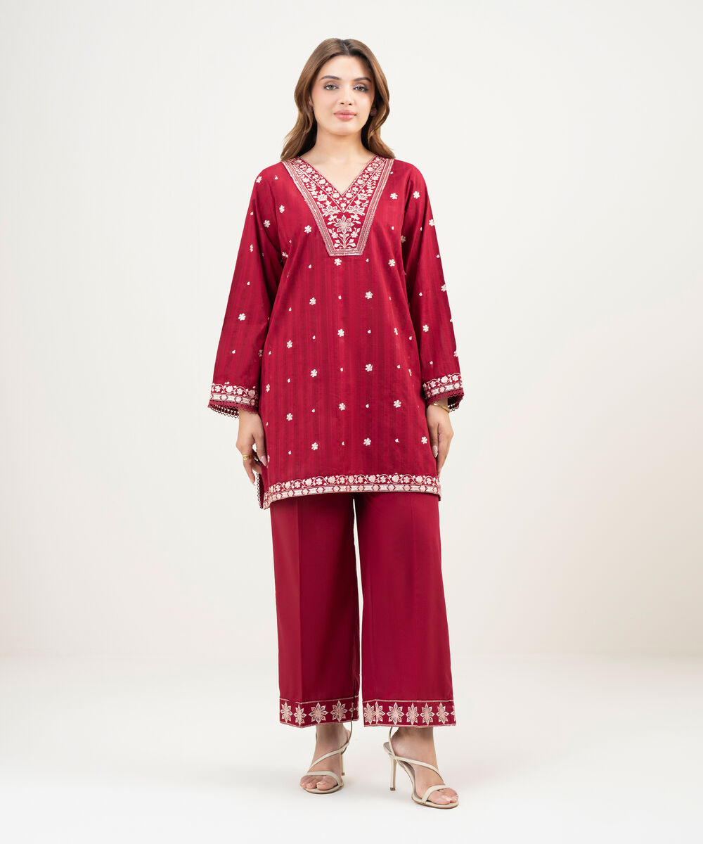 Women's RTW Dobby Embroidered Maroon 2 Piece Suit