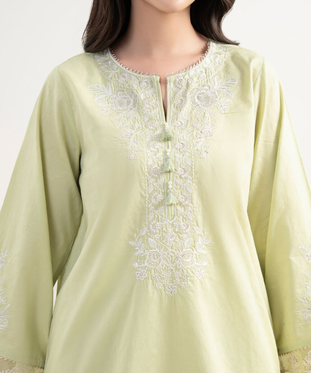 Women's RTW Self Jacquard Embroidered Green Straight Shirt