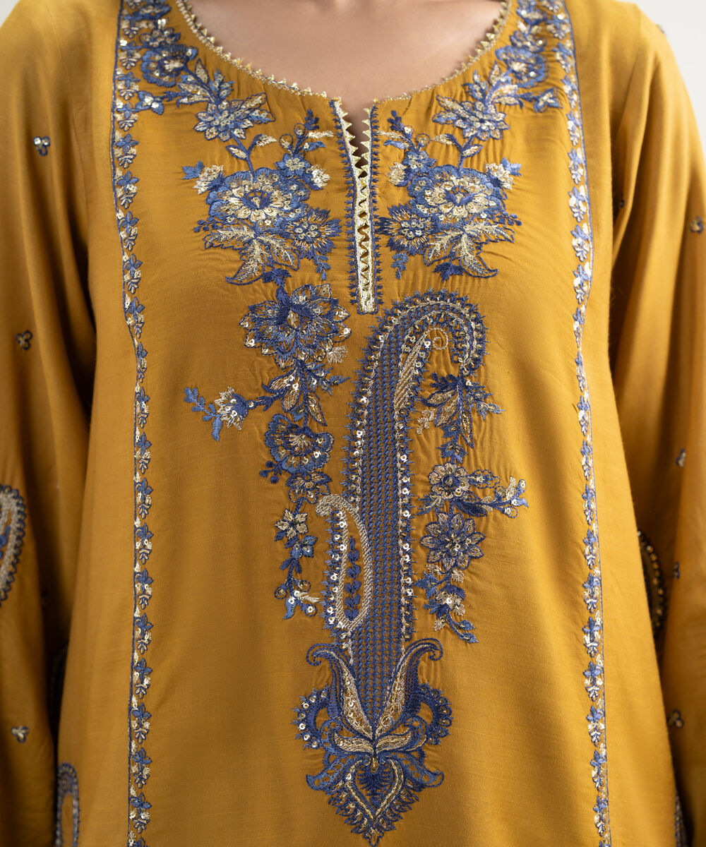 Women's RTW Viscose Raw Silk Embroidered Mustard Brown 3 Piece Suit