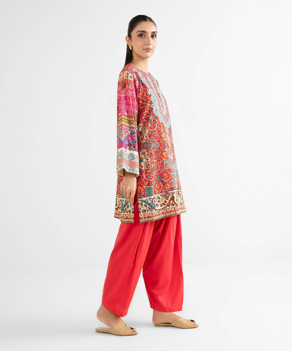 Women's RTW Linen Viscose Embroidered Red Straight Shirt