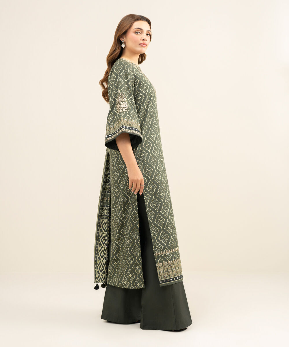 Women's Unstitched Lawn Embroidered Green 3 Piece Suit