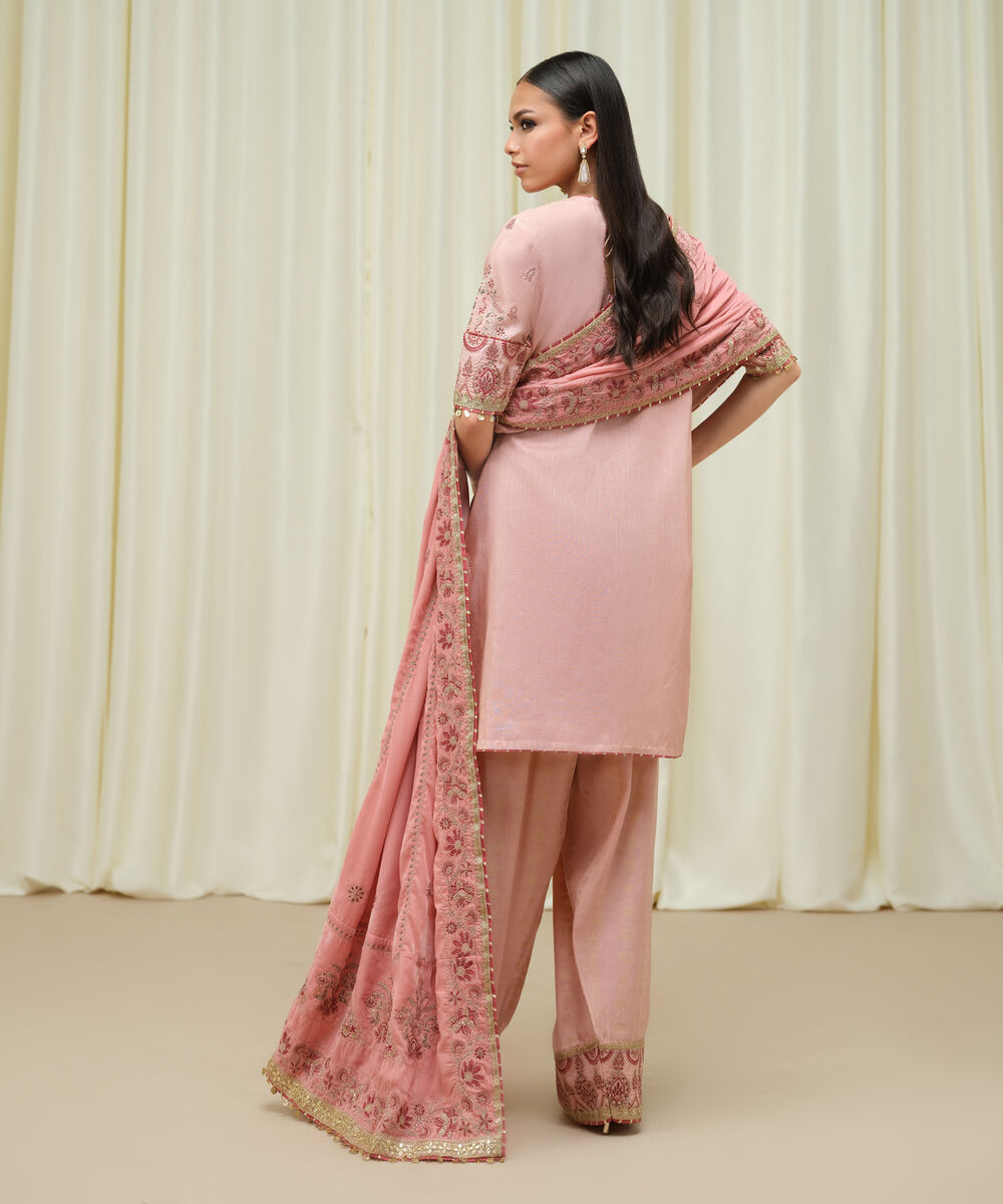 Women's Unstitched Raw Silk Embroidered Pink 3 Piece Suit
