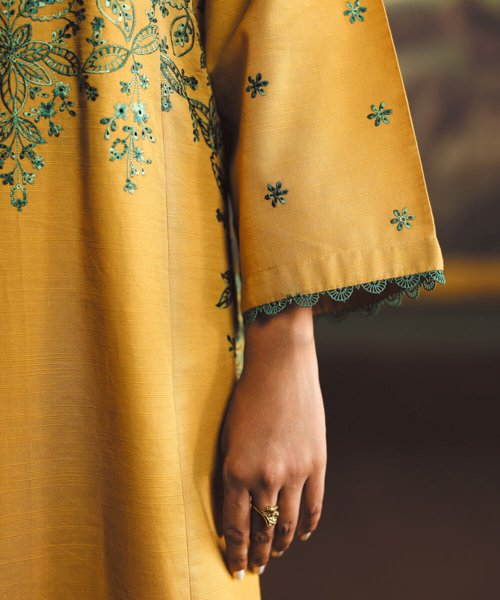 Women's RTW Cotton Embroidered Yellow A-Line Shirt