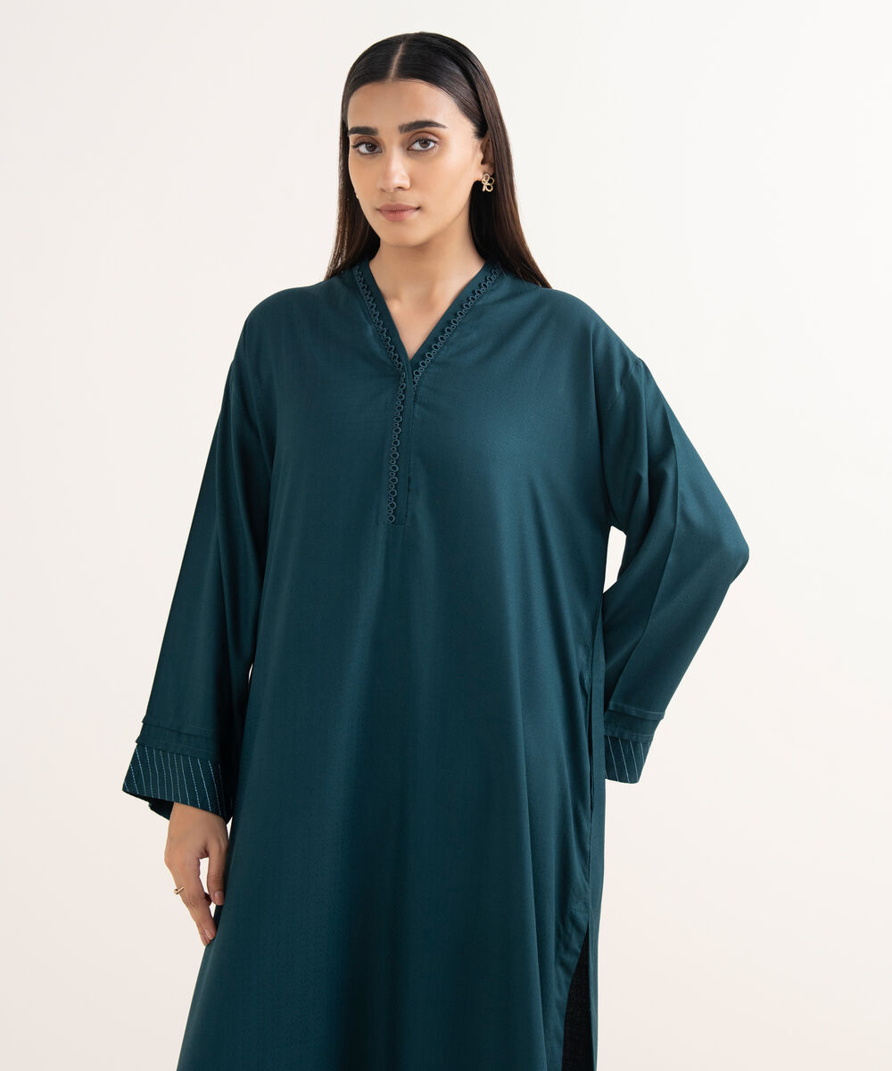 Women's RTW Textured Arabic Green Solid Drop Shoulder Shirt