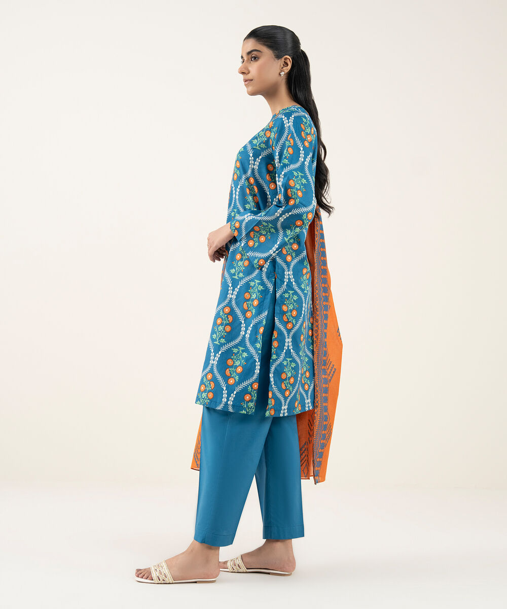 Women's Unstitched Lawn Printed Blue 3 Piece Suit