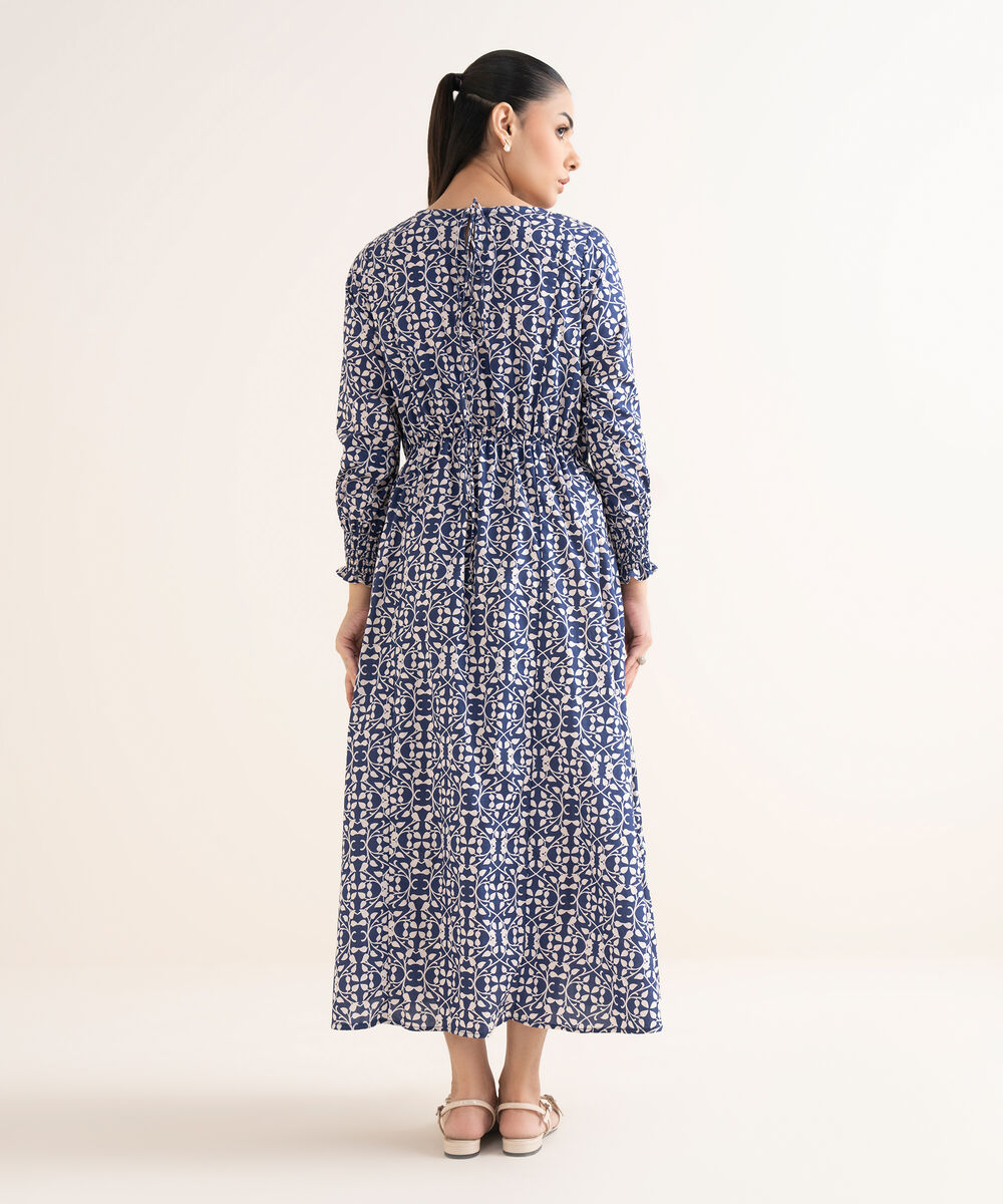 Women's RTW Cambric Printed Blue Dress