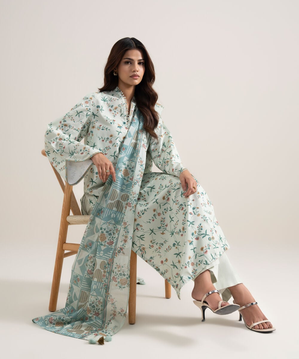 Women's Unstitched Lawn Printed Off White 3 Piece Suit