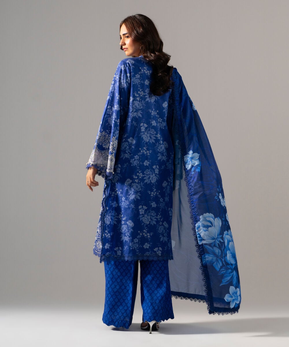 Women's RTW Self Jacquard Printed Embroidered Blue 3 Piece Suit
