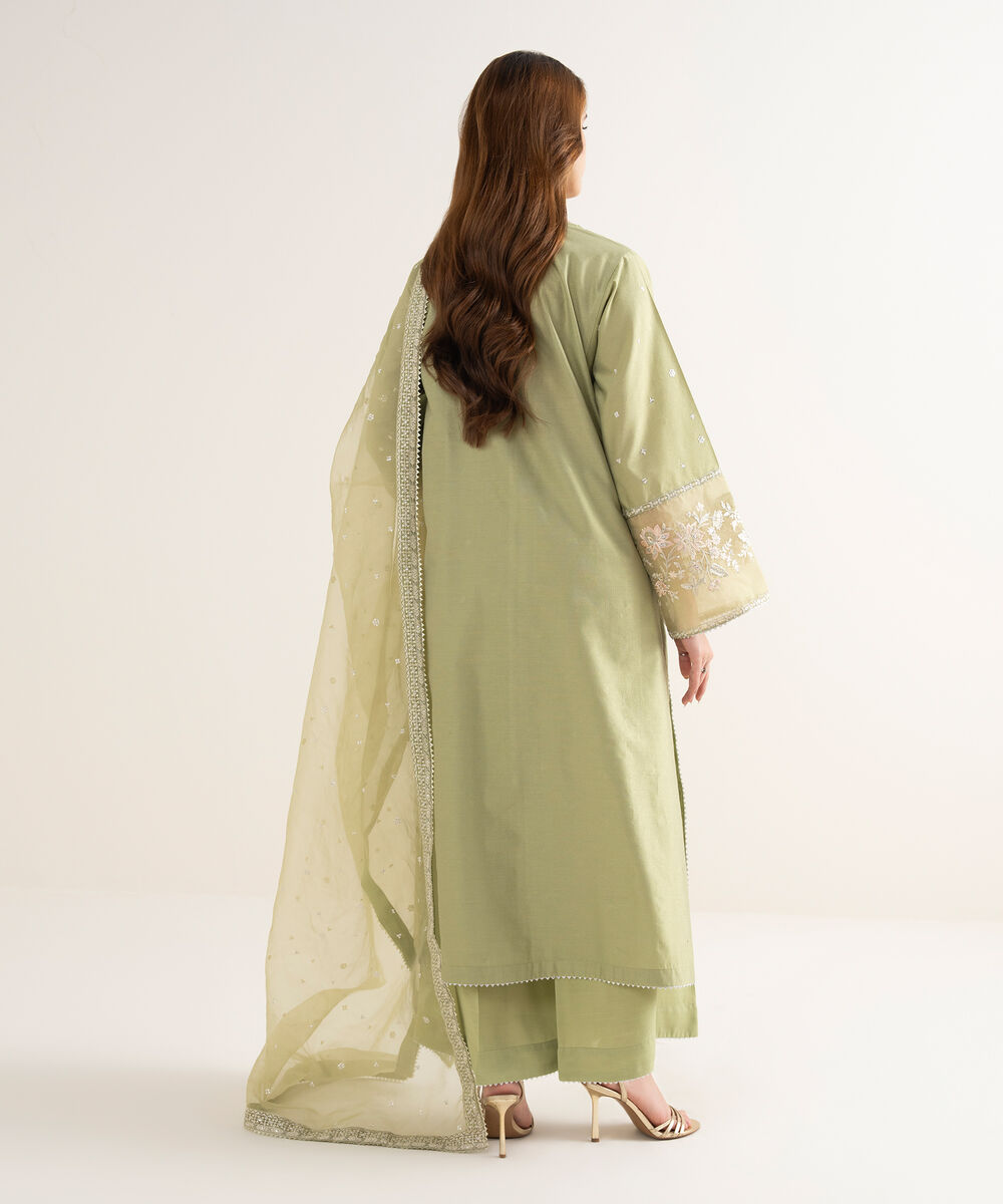 Women's RTW Blended Silk Cotton Net Embroidered Green Three Piece Suit