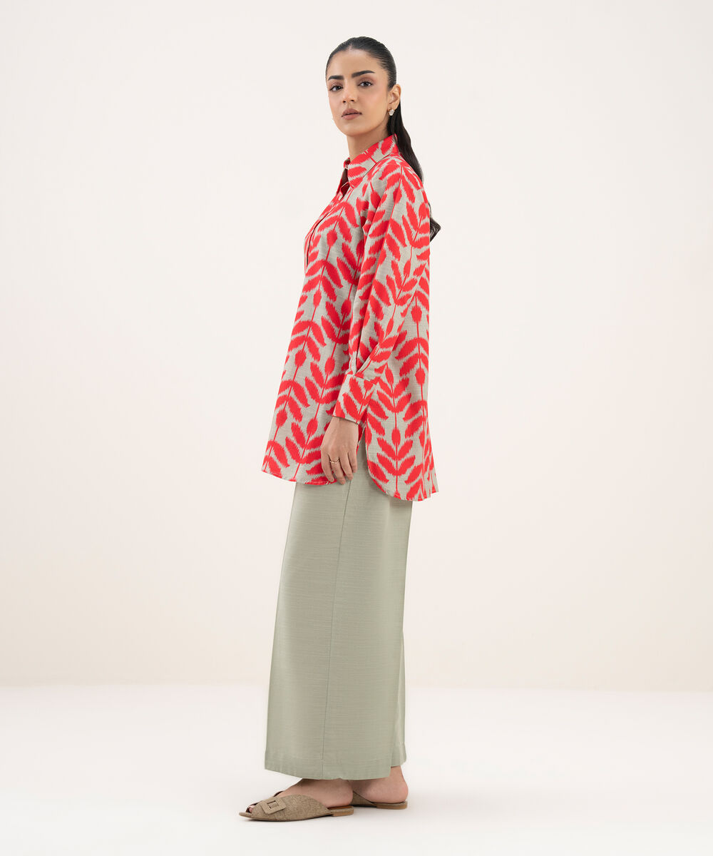 Women's RTW Light Khaddar Printed Button Down Grey Shirt