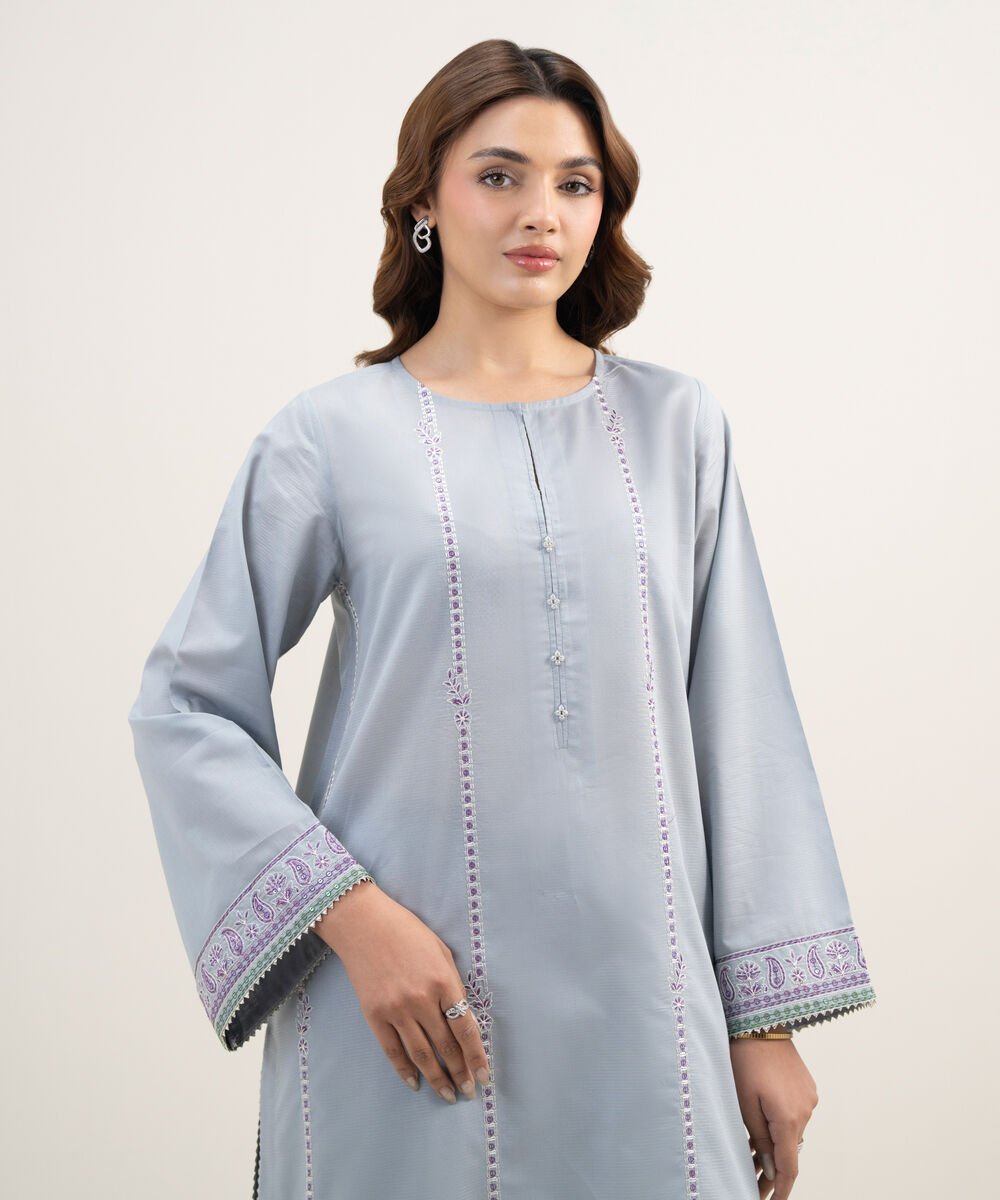 Women's RTW Zari Lawn Embroidered Grey A-Line Shirt