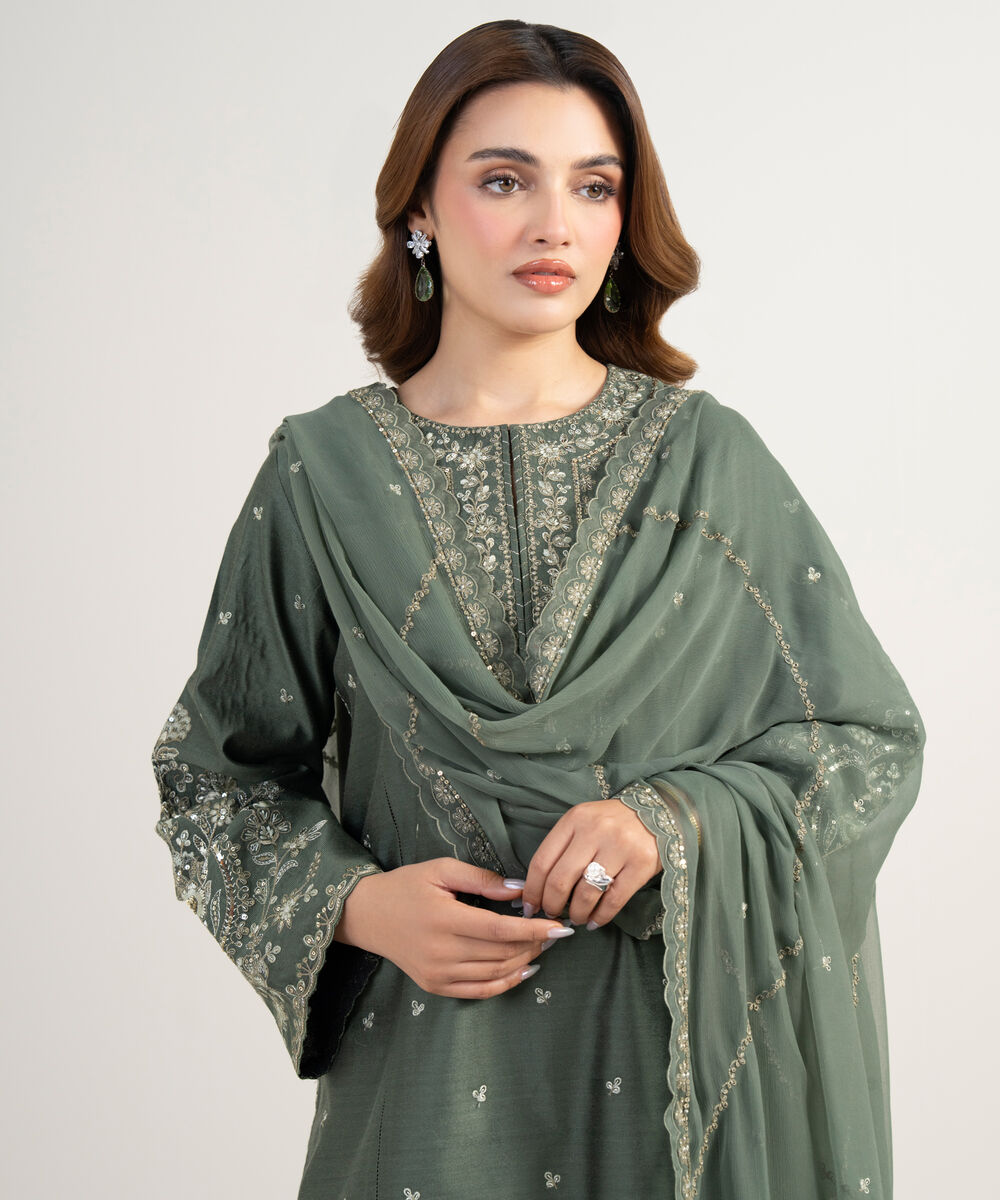 Women's Unstitched Cotton Net Embroidered Green 3 Piece Suit