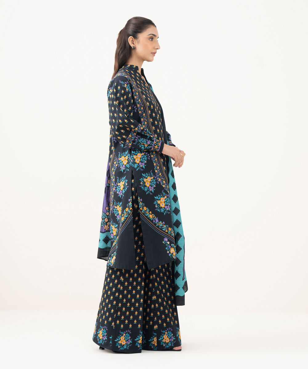 Women's Unstitched Khaddar Printed Black 3 Piece Suit