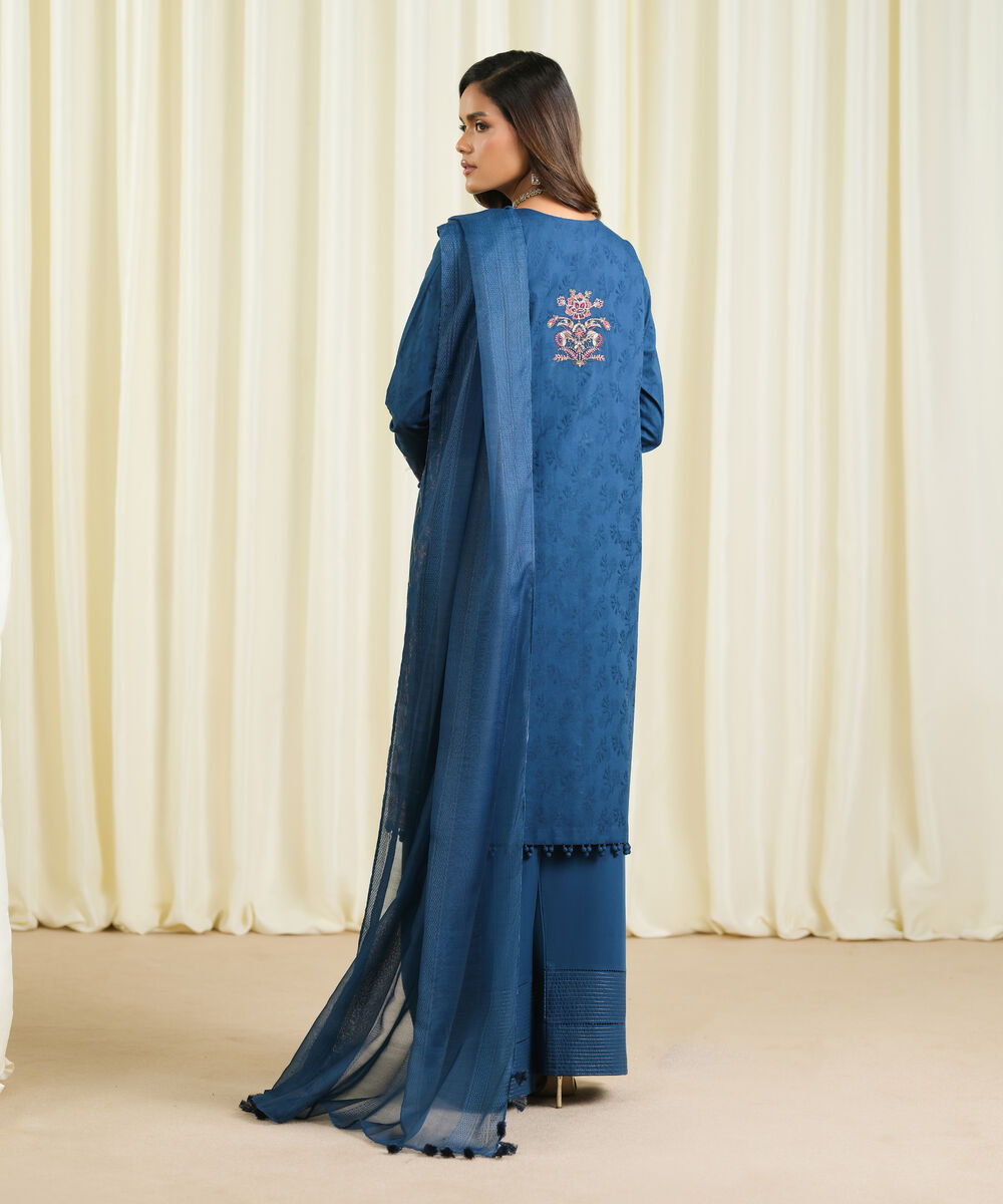 Women's Unstitched Cotton Jacquard Embroidered Blue 3 Piece Suit