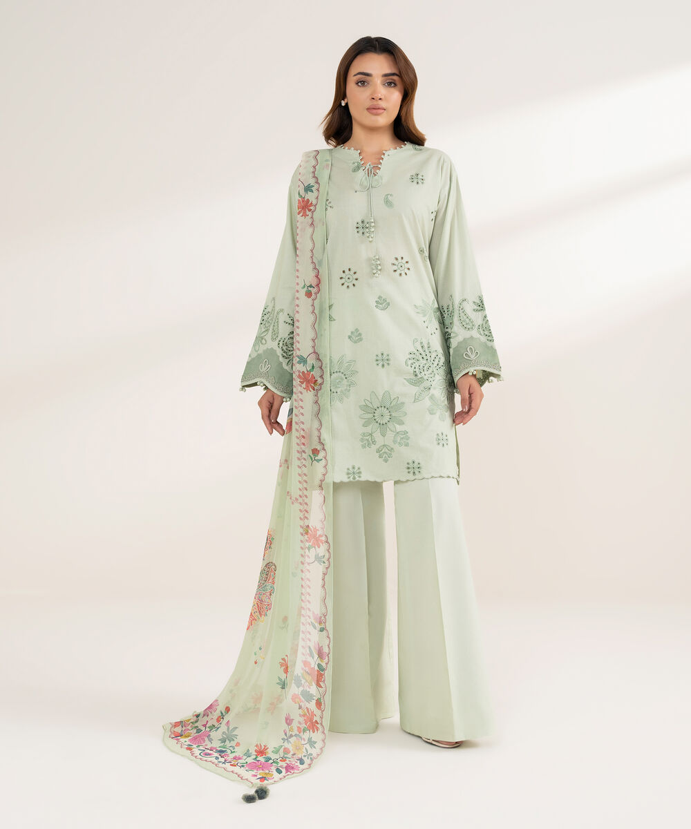 Women's Unstitched Cotton Embroidered Green 3 Piece Suit