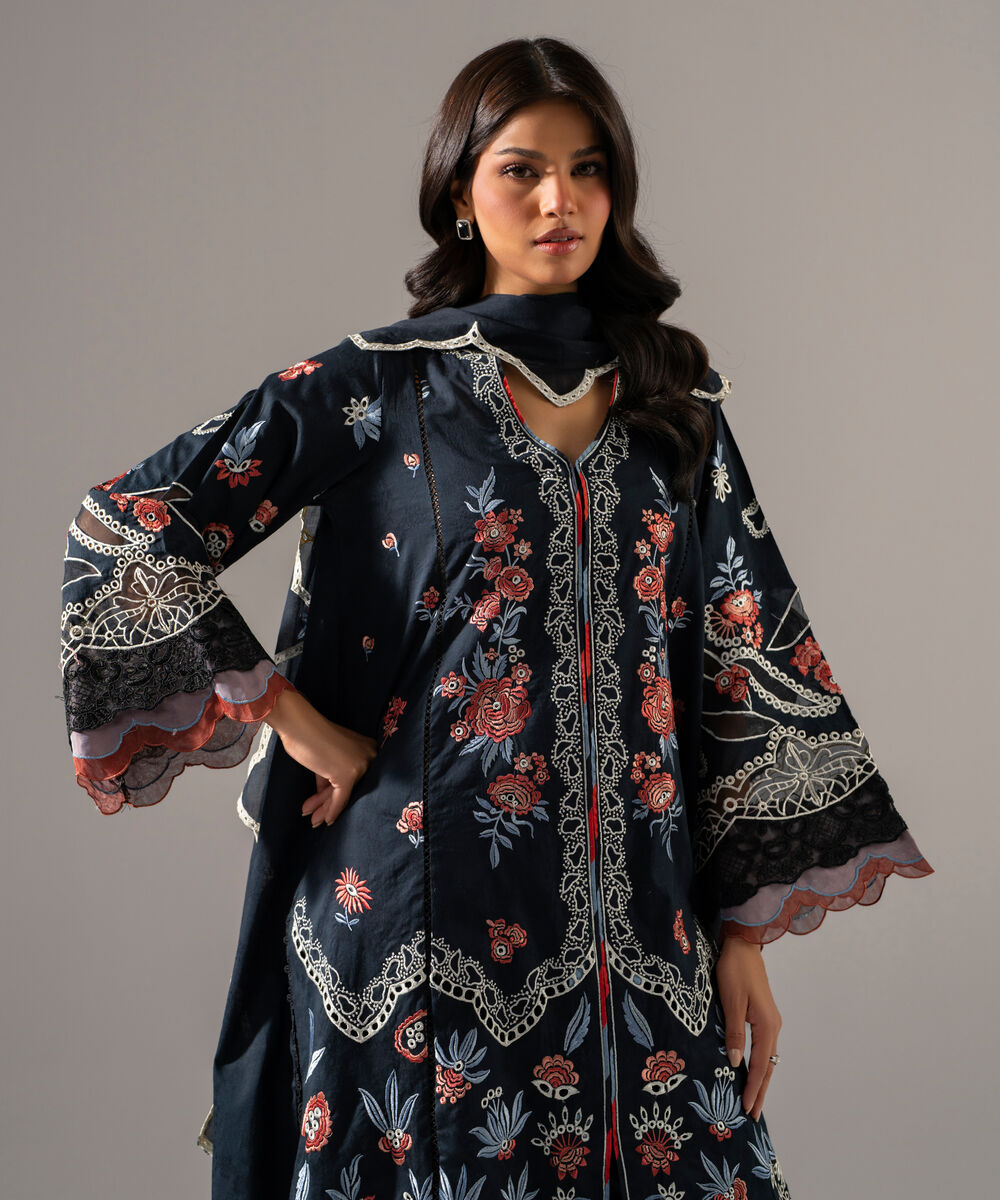 Women's RTW Self Jacquard Solid Embroidered Black 3 Piece Suit
