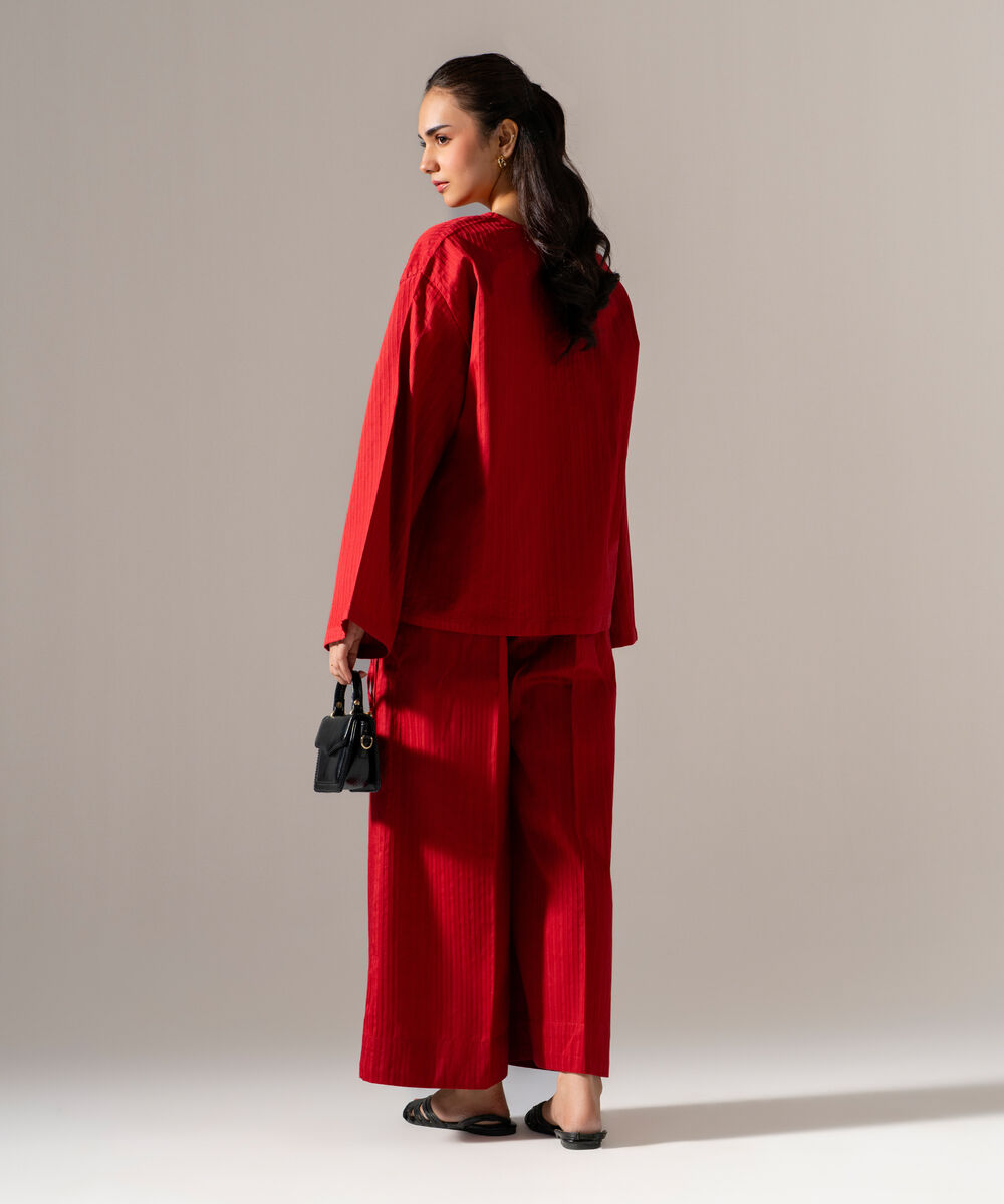 Women's RTW Dobby Strip Solid Red 2 Piece Suit