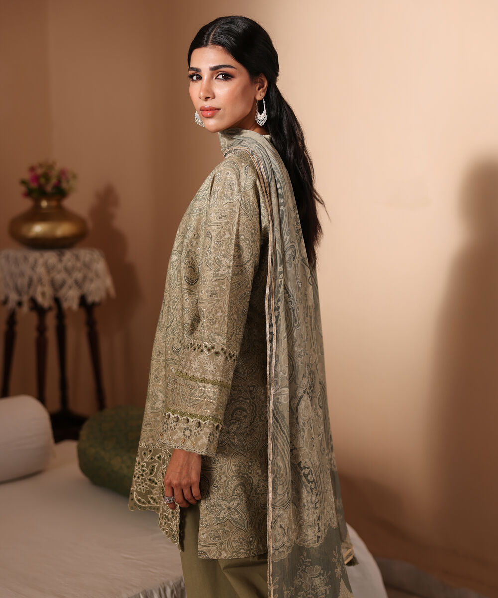 Women's Unstitched Zari Lawn Embroidered Beige 3 Piece Suit