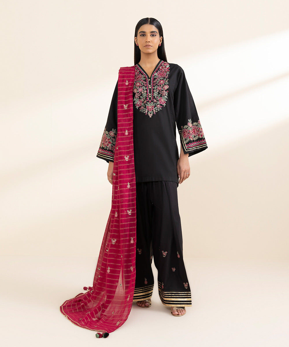 Woman - Black 3 Piece - Embroidered Cotton Suit