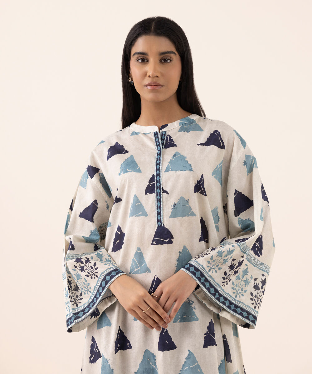 Women's RTW Lawn White Printed Drop Shoulder Shirt