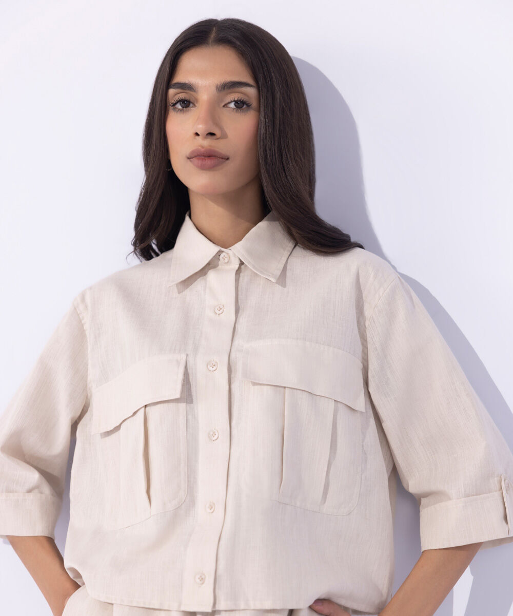 Women's Western Wear Beige  Cropped Linen Blend Shirt With Cargo Pockets