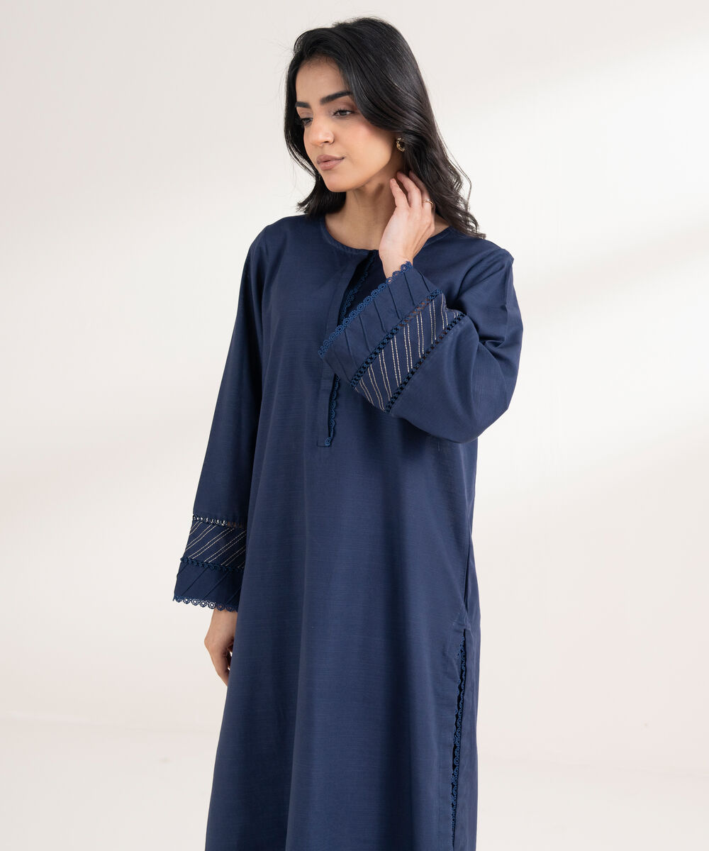 Women's RTW Light Khaddar Embroidered A-Line Blue Shirt