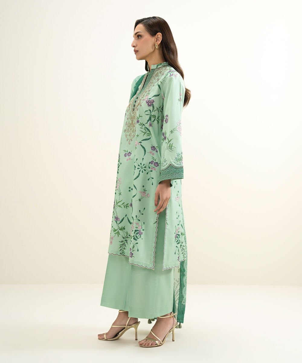 Women's Unstitched Lawn Embroidered Green 3 Piece Suit