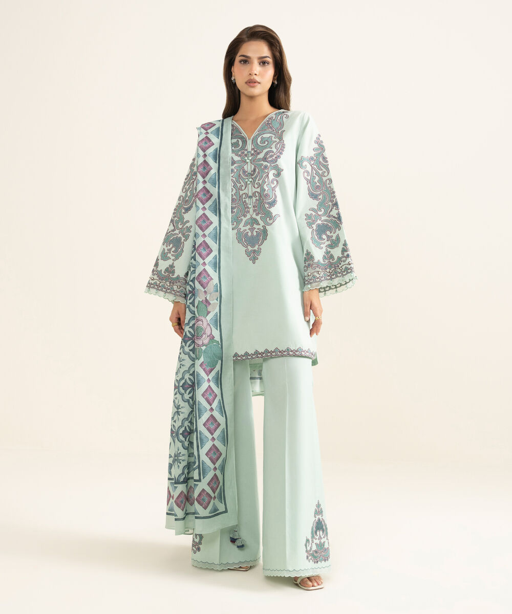 Women's Unstitched Textured Lawn Embroidered Blue 3 Piece Suit