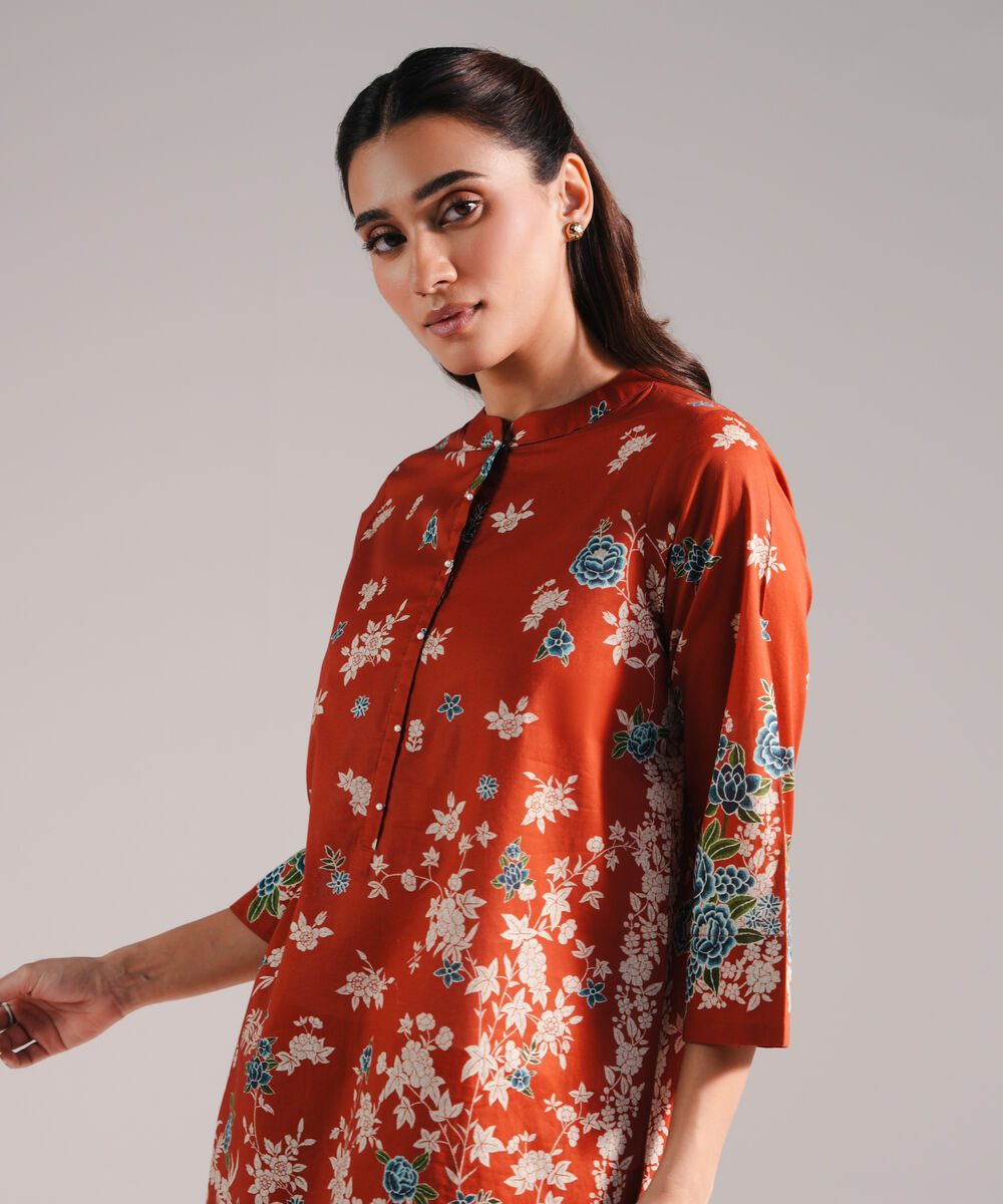 Women's RTW Lawn Printed Rust 2 Piece Suit