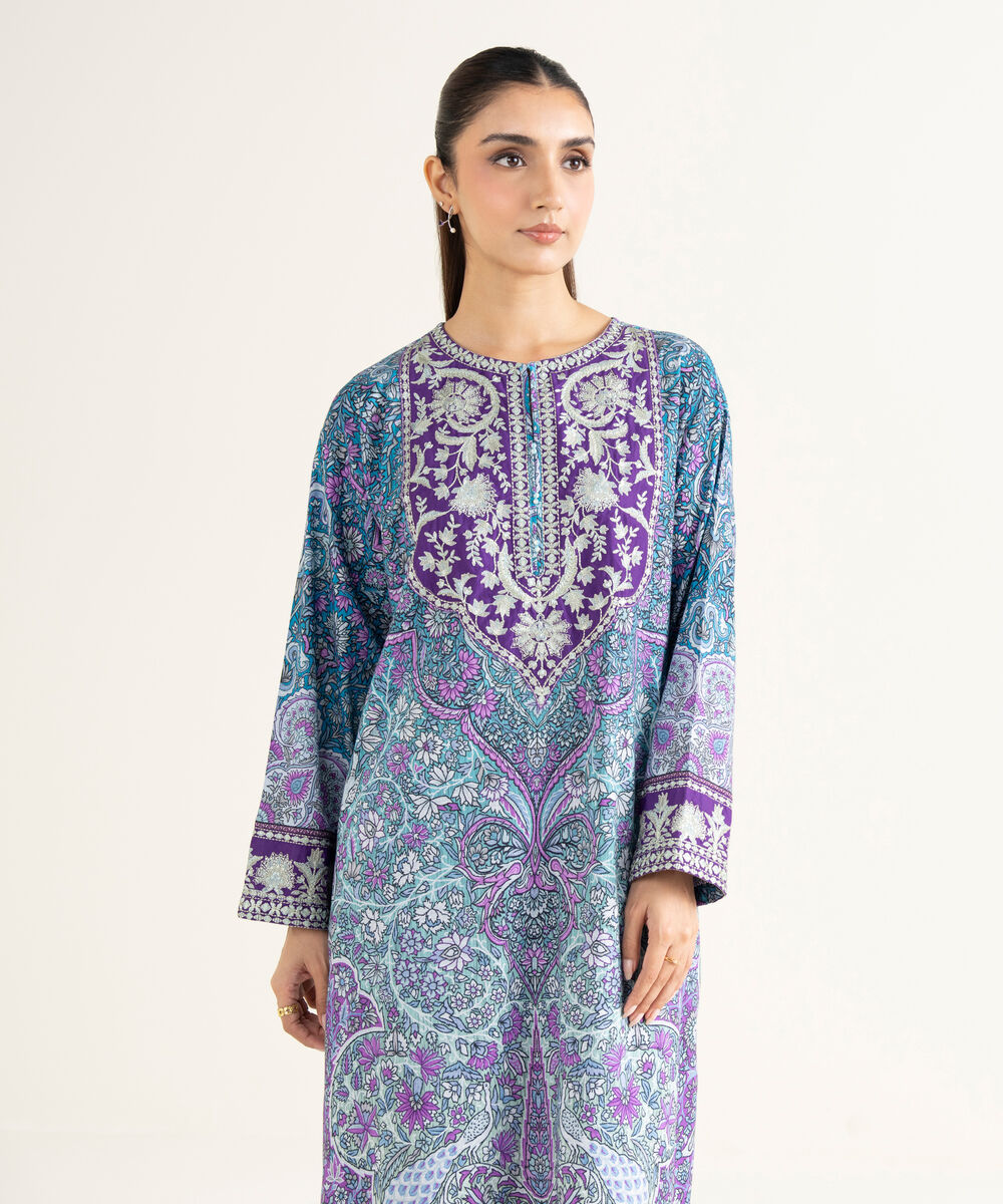Women's RTW Linen Viscose Embroidered Blue A-Line Shirt