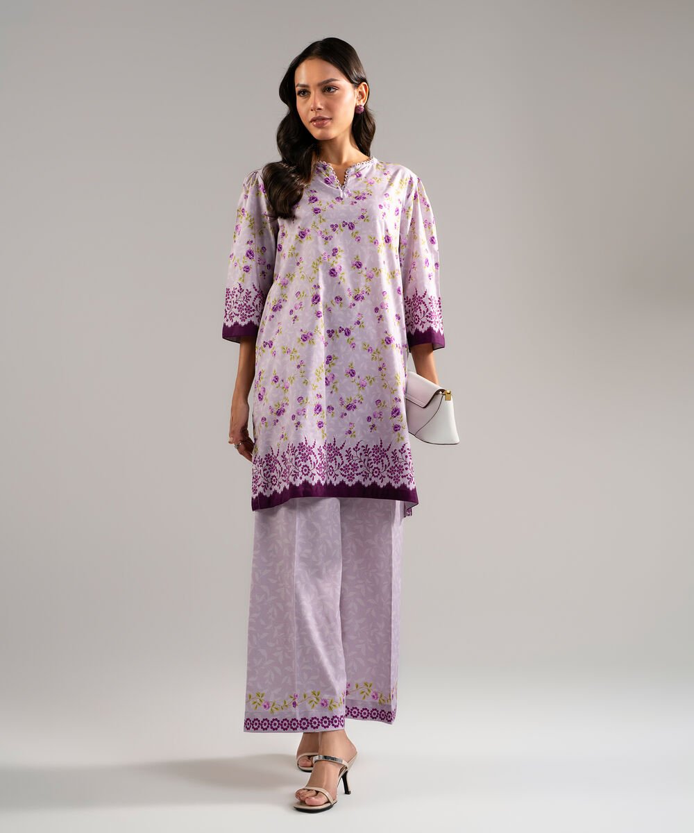 Women's RTW Cotton Viscose Printed Purple Straight Shirt