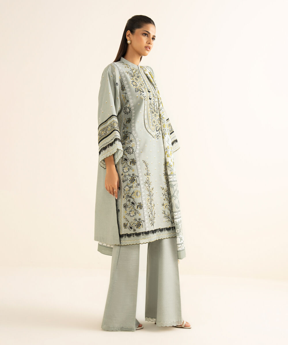 Women's Unstitched Light Khaddar Embroidered Grey 3 Piece Suit